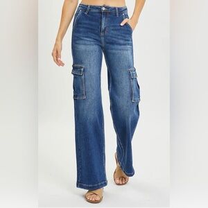 RISEN Wide Leg Cargo Jeans Womens Size 13 / 31 Large Blue Denim NWT Y2K Revival